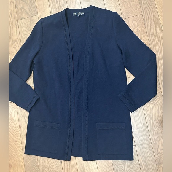 ST JOHN Basics sz M Navy Blue Longer Jacket Cardigan Scalloped Trim - Picture 6 of 10